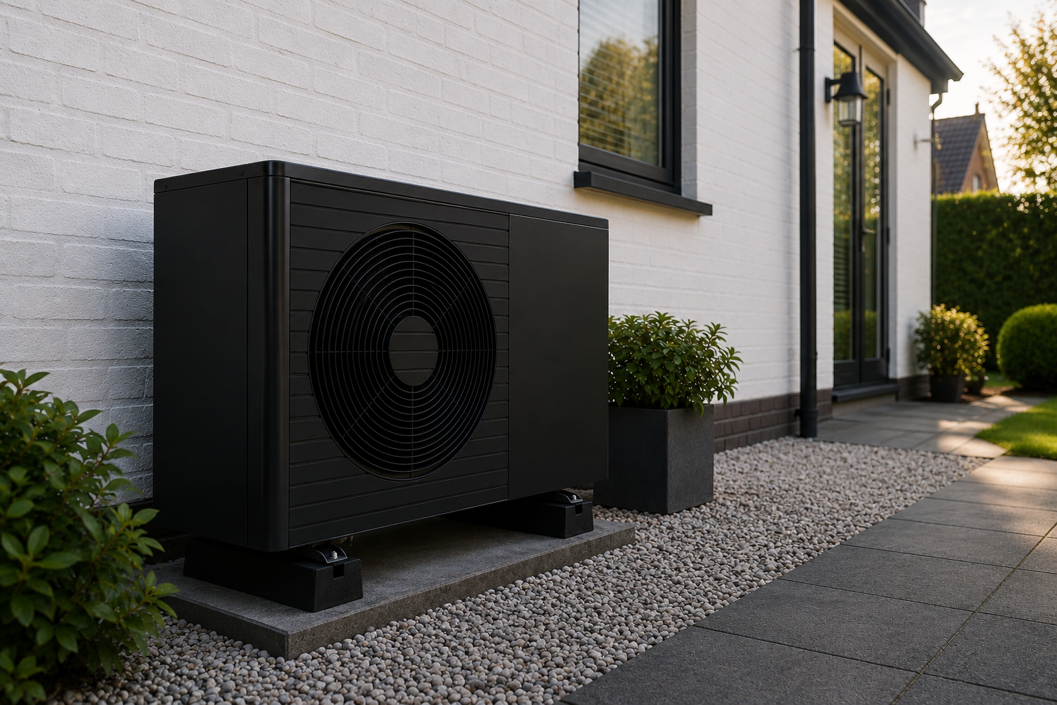 Hybride warmtepomp buitenunit naast een woning